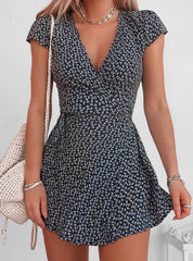 Black Floral Print Short Sleeve Wrap Dress For Women Dresses