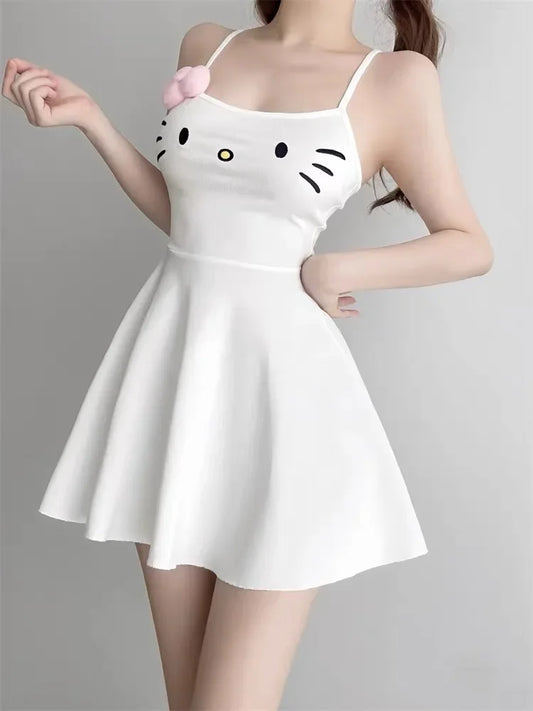 Julia Fashion - Kawaii White Cat Face Embroidery Cute Spaghetti Strap Mini Dress