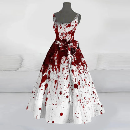 JuliaFashion - Halloween Costumes For Women Bloody Funny Print Flared Square Collar Sleeveless Tunic Slim-Fit Belt A Line Dress