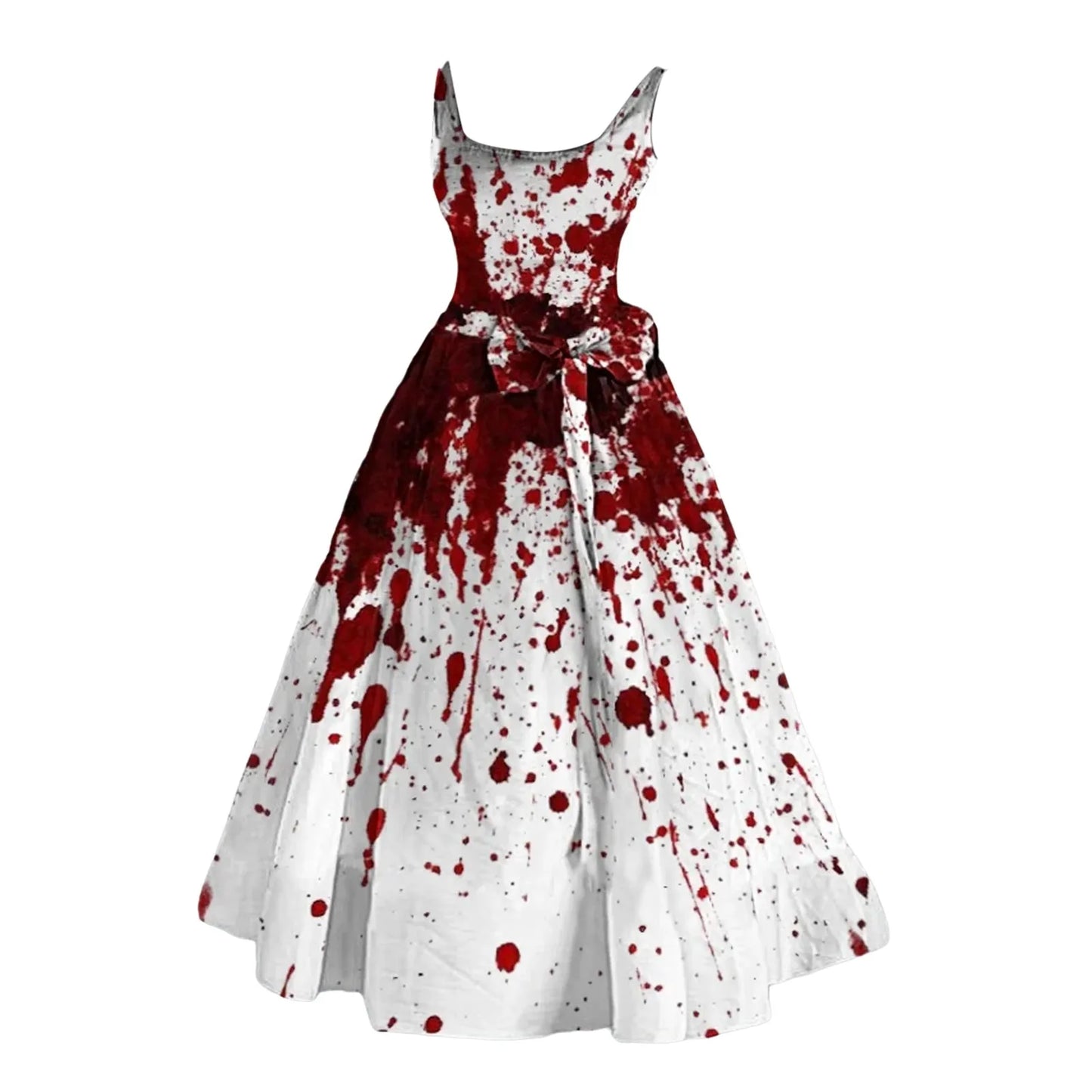 JuliaFashion - Halloween Costumes For Women Bloody Funny Print Flared Square Collar Sleeveless Tunic Slim-Fit Belt A Line Dress