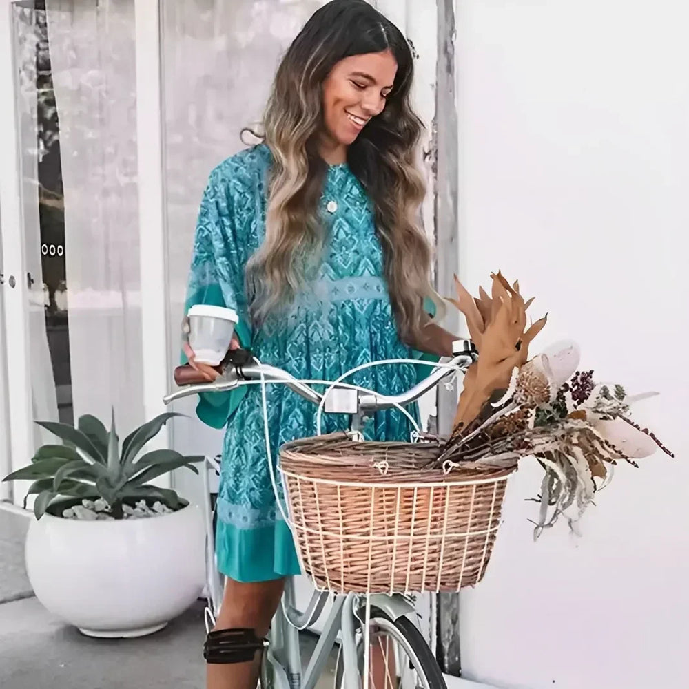 Green Floral Print Loose O-neck Batwing Sleeve Mini Boho Dress bohodress-250126