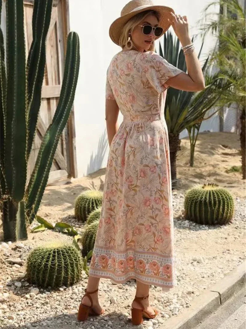 Cross V-neck Ruffles Boho Pleated Dress Pink / S bohodress-250126