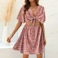 Floral Print Rayon Deep Bow Neck Short Sleeve Sexy Hollow Out Mini Boho Dress Red / M bohodress-250126