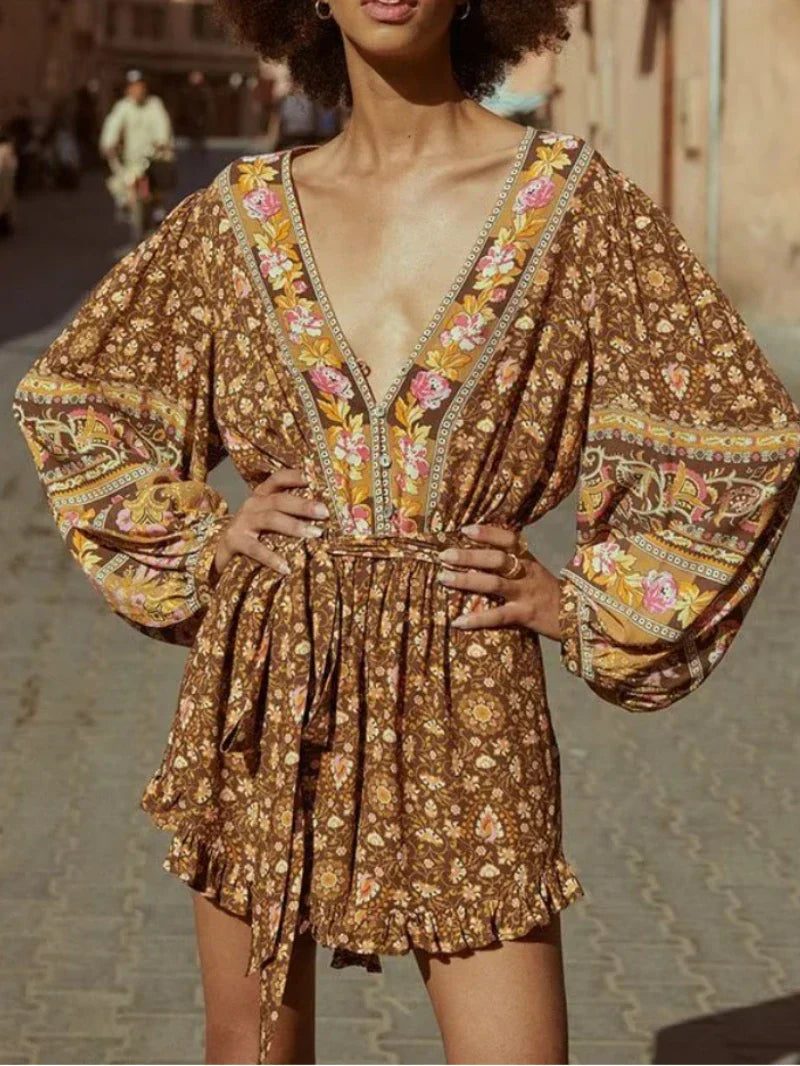 Floral Print Sashes V-neck Long Sleeve Tassel Rayon Boho Romper as picture / S bohodress-250126
