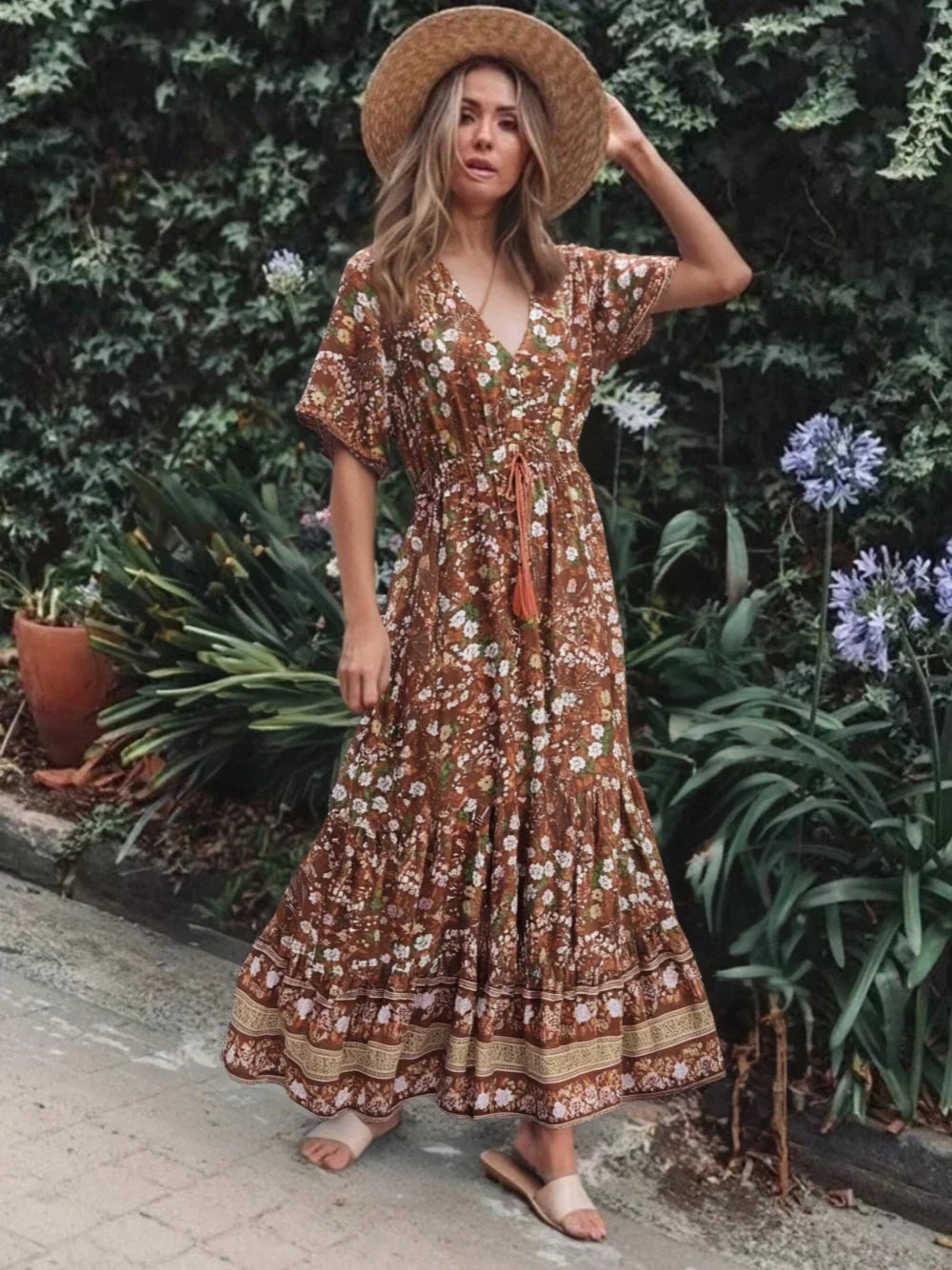 Floral V-neck Rayon Boho Dress Brown / S bohodress-250126
