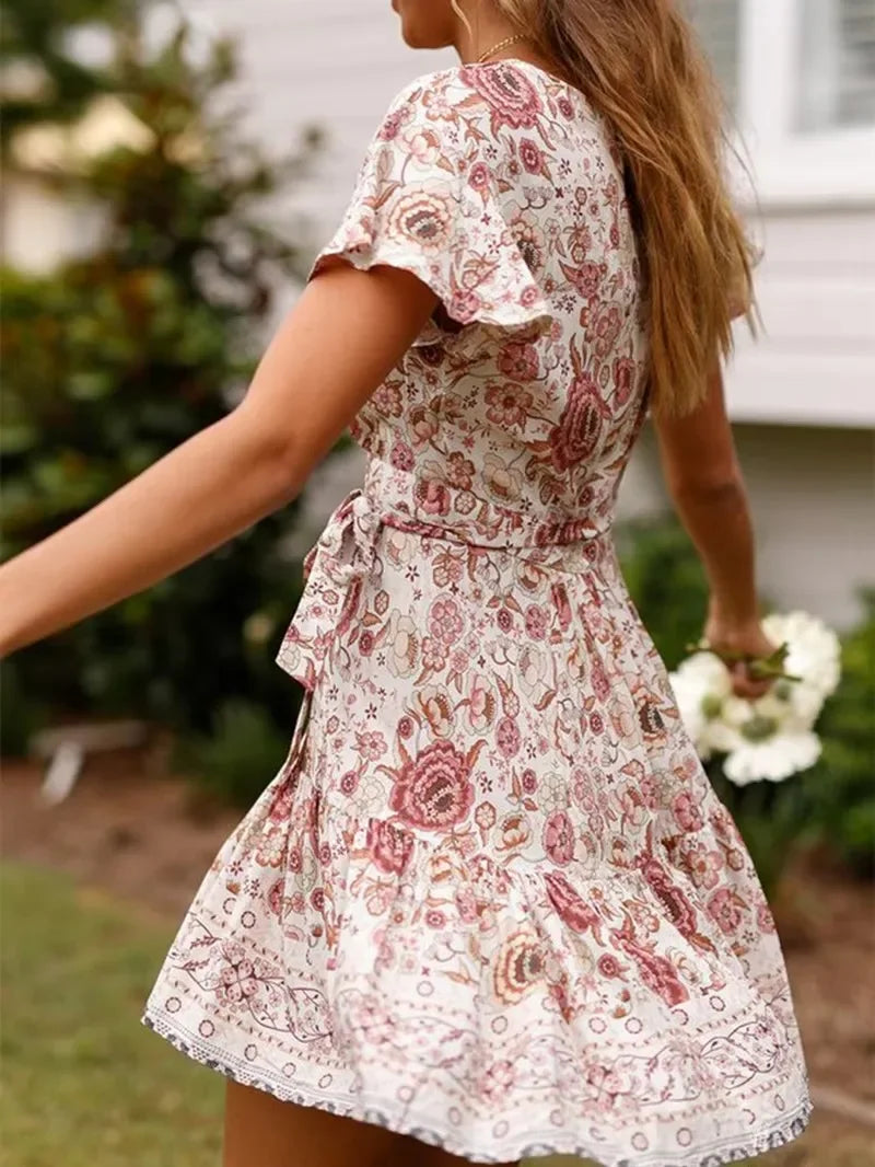Green Floral Deep V-neck Boho Sundress bohodress-250126