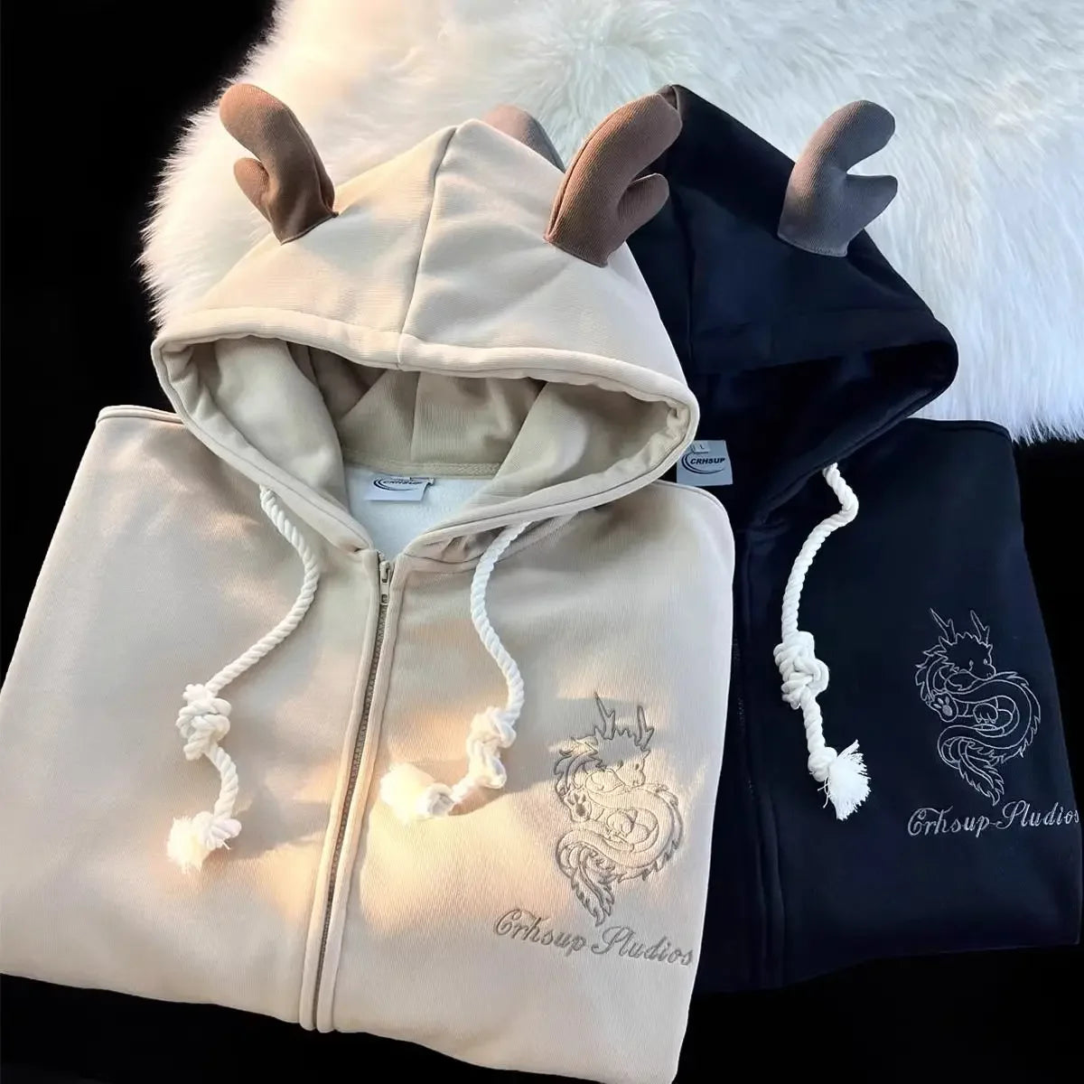 Embroidered Stylish Dragon Velvet Cozy Hoodie