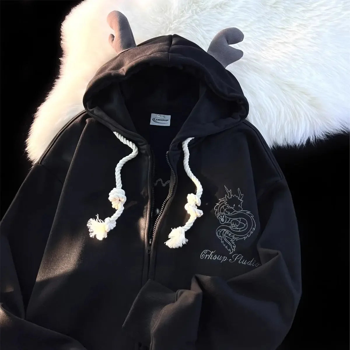 Embroidered Stylish Dragon Velvet Cozy Hoodie