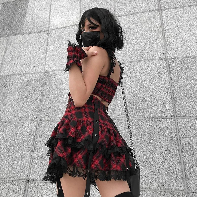 Harajuku Plaid Gothic Girl High Waist Plaided Mini Sets Japanese Fashion Streetwear Skirt