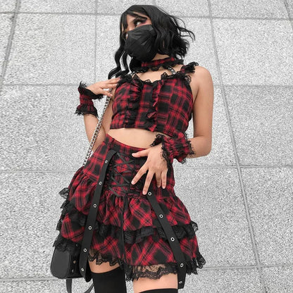 Harajuku Plaid Gothic Girl High Waist Plaided Mini Sets Japanese Fashion Streetwear Skirt