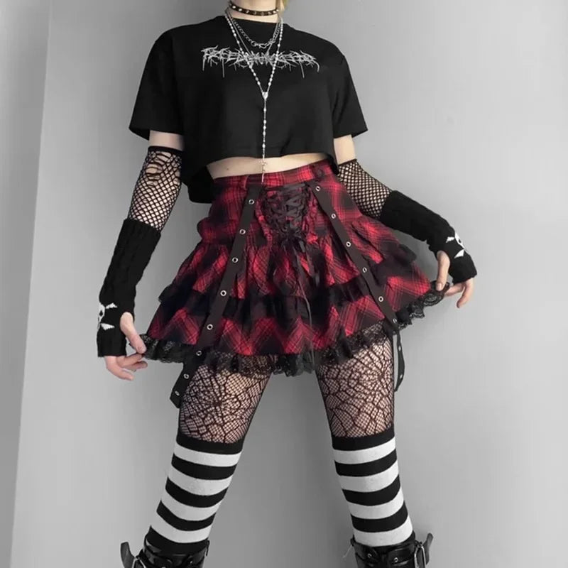 Harajuku Plaid Gothic Girl High Waist Plaided Mini Sets Japanese Fashion Streetwear Skirt