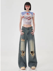 Perforated Women’s Summer New Ins Fashion Brand Straight Tube Loose Sweeping High Street Jean