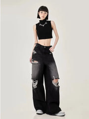 Perforated Women’s Summer New Ins Fashion Brand Straight Tube Loose Sweeping High Street Jean