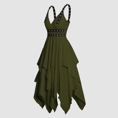 JuliaFashion - High Waist Asymmetrical Casual Midi Adjustable Strap Layered Sleeveless Solid Vintage Party Gothic Dress