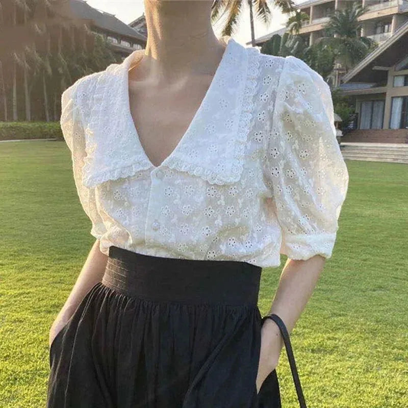 Hollow Lace Puff Sleeve Peter Pan Collar Blouse blouse-250126