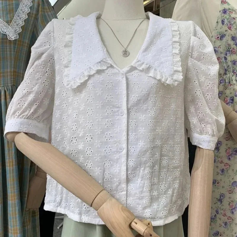 Hollow Lace Puff Sleeve Peter Pan Collar Blouse blouse-250126