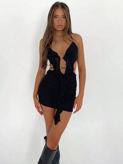 Julia Fashion - Hollow-out Ruffle Sexy Robe Backless Beach Holiday Party Mini Dress