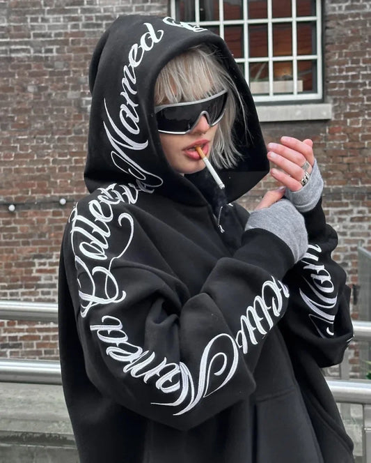 Letter Embroidery Zip Up Oversized Gothic Streetwear Hoody