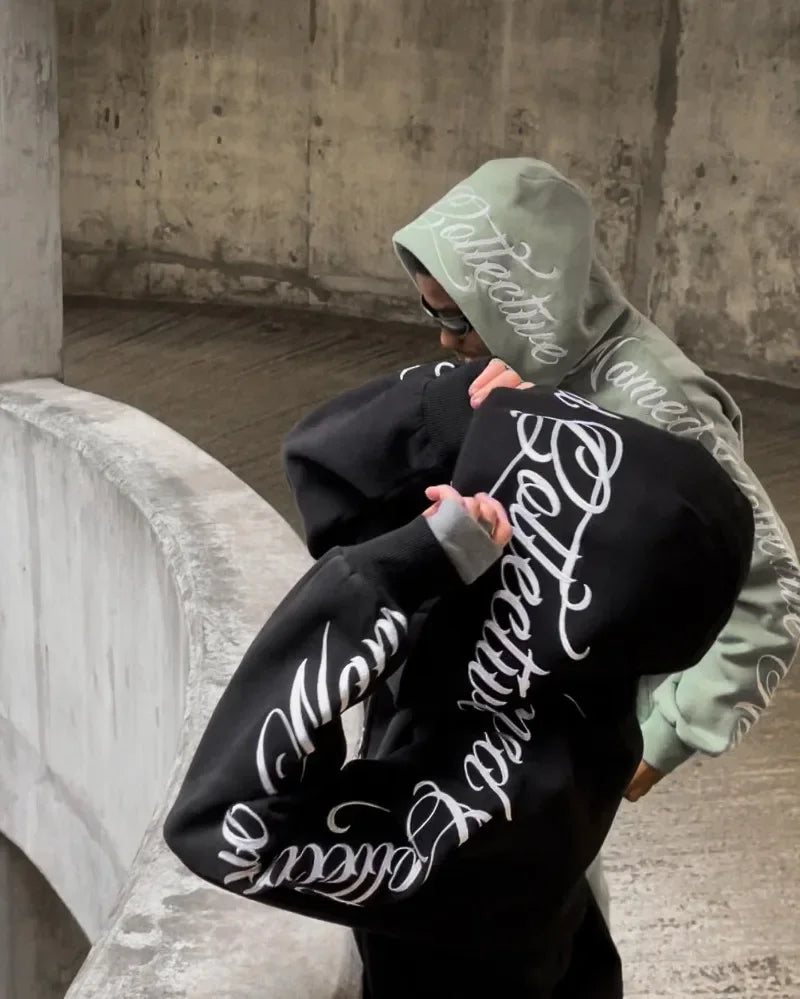 Letter Embroidery Zip Up Oversized Gothic Streetwear Hoody