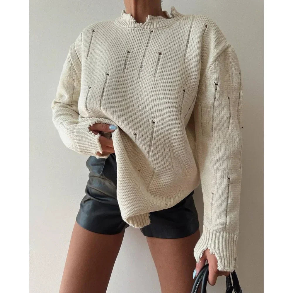 Ripped Y2K Casual Long Sleeve Sweater APRICOT / S