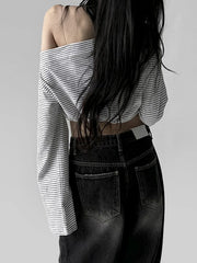 Striped Off-Shoulder Loose Slash Neck Long Sleeve Knit Top knittop-250126