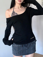 2 Piece Leopard Skew Collar Long Sleeve Tee and Halter Bra Set Black / S knittop-250126