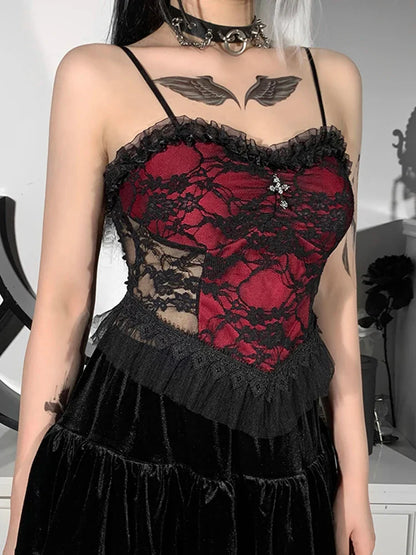 Gothic Vintage Through Lace Zipper Crop Aesthetic Patchwork See Backless Y2K Top
