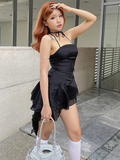 Sleeveless Halter Neck Strapless Ruffle Cap A-Line Pleated Swing Tube Top Dress