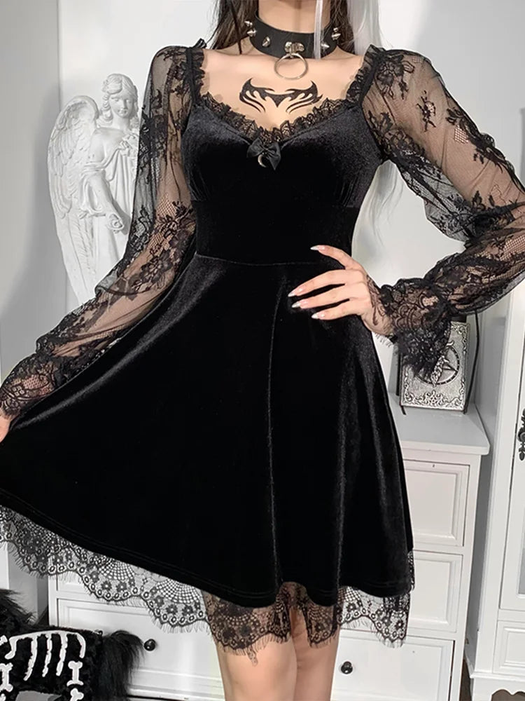 Moon Sexy Black Grunge Dark V Neck Aesthetic Vintage Mini Long Sleeve Autumn Outfit
