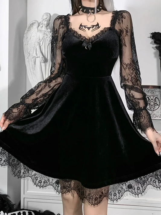 Moon Sexy Black Grunge Dark V Neck Aesthetic Vintage Mini Long Sleeve Autumn Outfit