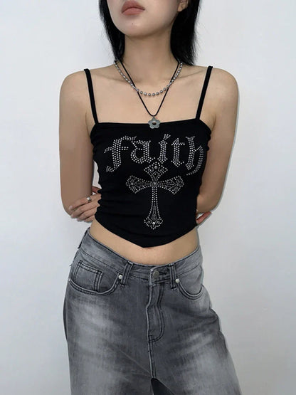 Gothic Grunge Corset Y2K Crop Rhinestone Hot Vintage Cross Straps Street Spaghetti Top