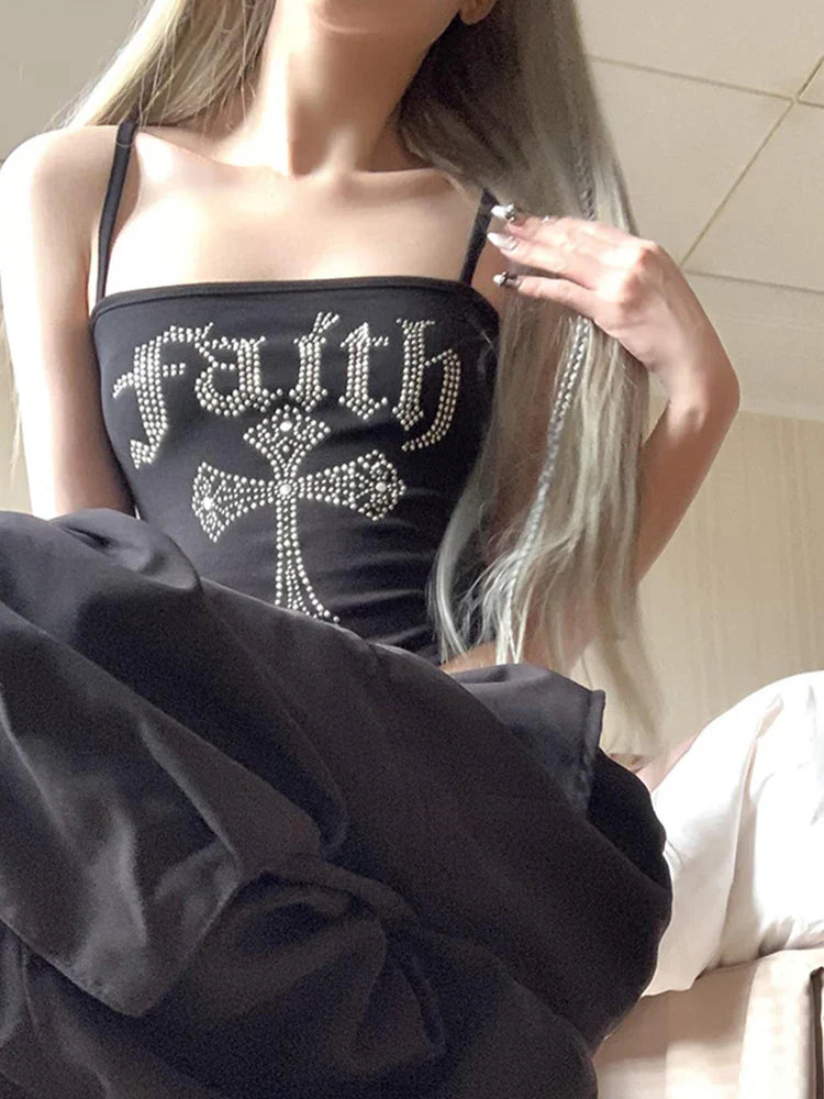 Gothic Grunge Corset Y2K Crop Rhinestone Hot Vintage Cross Straps Street Spaghetti Top
