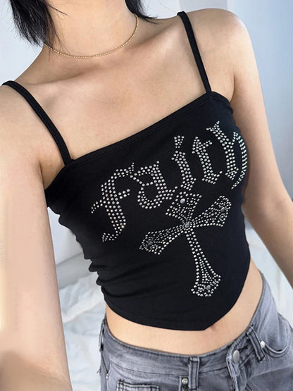 Gothic Grunge Corset Y2K Crop Rhinestone Hot Vintage Cross Straps Street Spaghetti Top