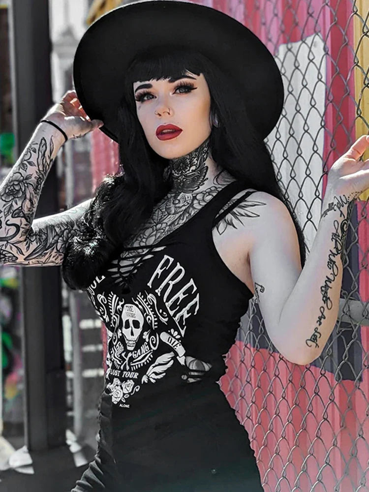 Gothic Skull Summer Black Crop Dark Printed Streetwear Woven Vintage Top