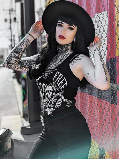 Gothic Skull Summer Black Crop Dark Printed Streetwear Woven Vintage Top