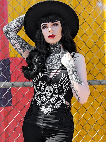 Gothic Skull Summer Black Crop Dark Printed Streetwear Woven Vintage Top