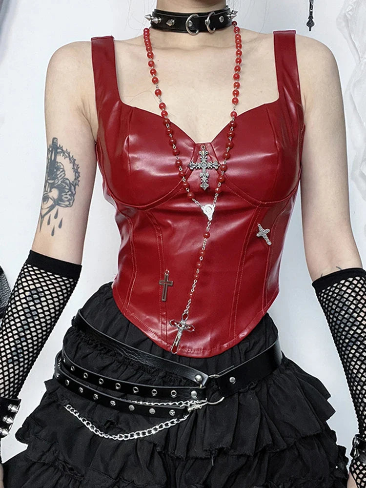 Gothic Crop Cross Corset Punk Leather Grunge Top