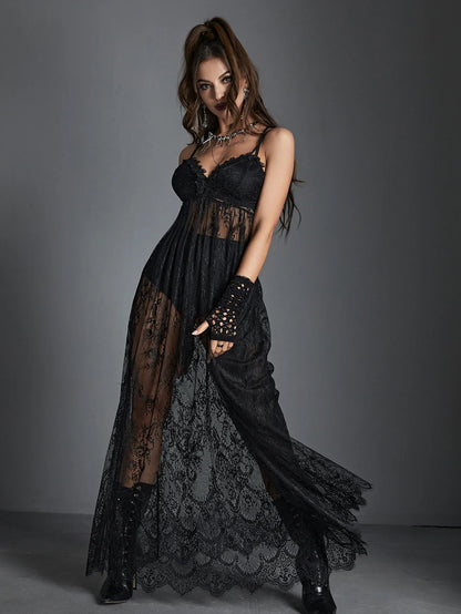 Harajuku Lace Sexy Mesh Black Vintage Transparent See Through Spaghetti Strap Outfit