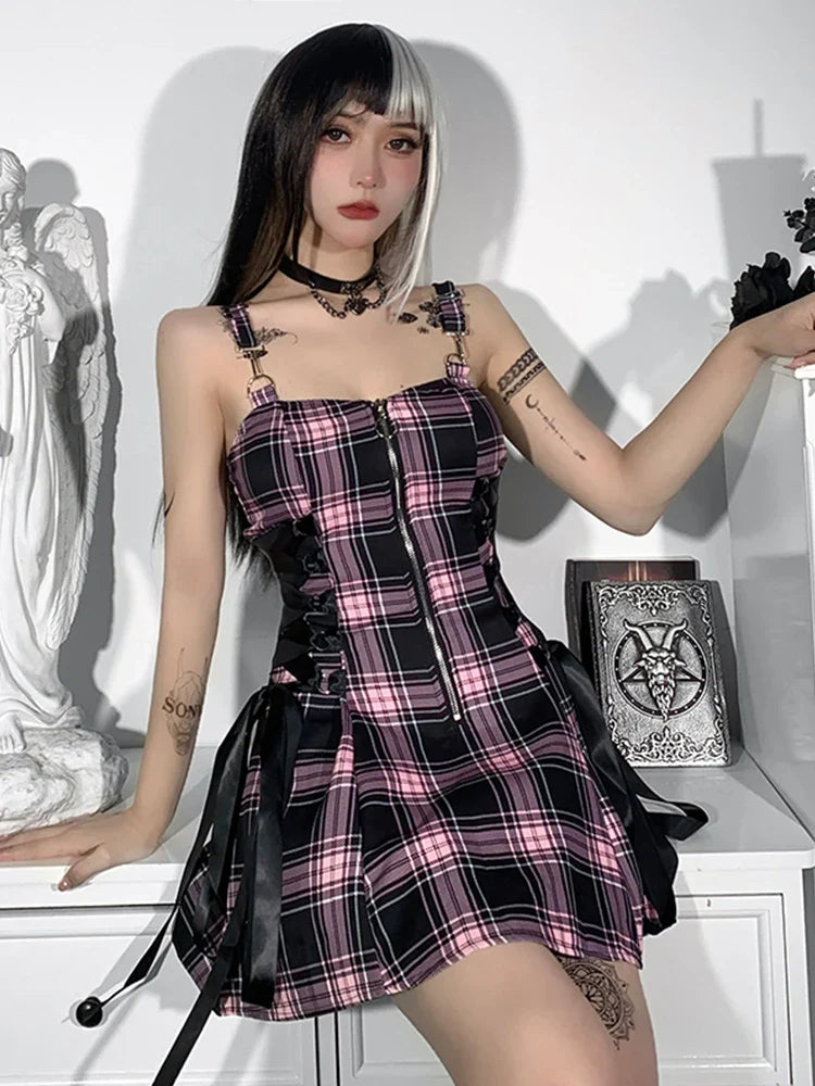 High Strap Grunge Emo Waist Zipper Aesthetic Punk Party Plaid Spaghetti Sexy Mall Goth Mini Dress