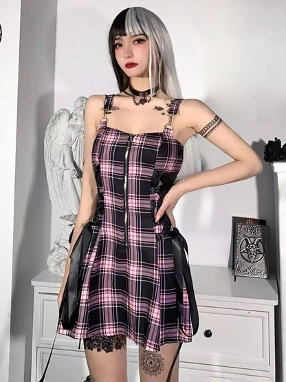 High Strap Grunge Emo Waist Zipper Aesthetic Punk Party Plaid Spaghetti Sexy Mall Goth Mini Dress