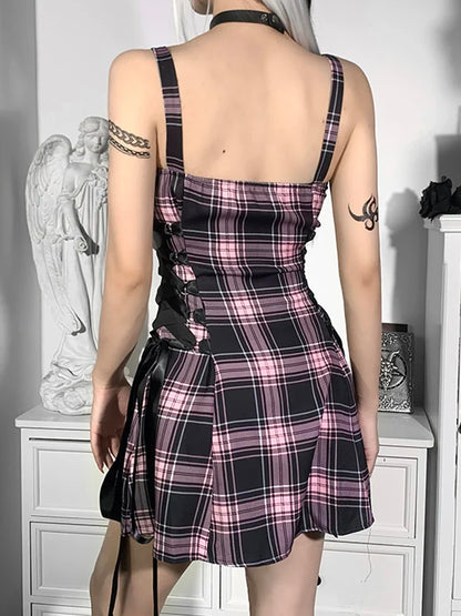 High Strap Grunge Emo Waist Zipper Aesthetic Punk Party Plaid Spaghetti Sexy Mall Goth Mini Dress