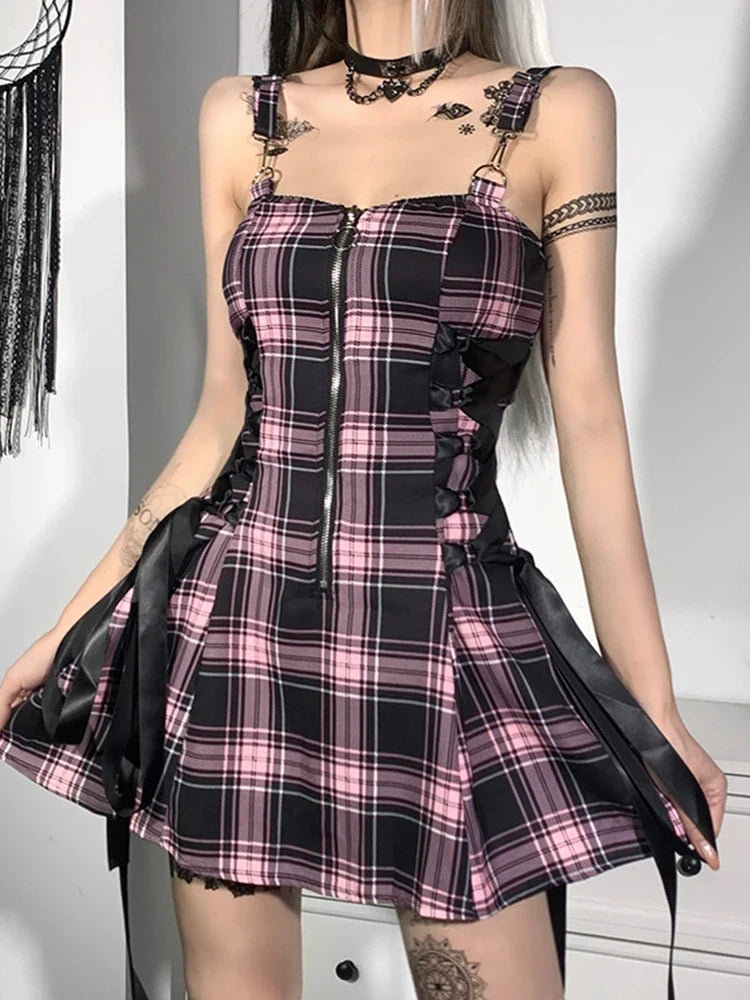 High Strap Grunge Emo Waist Zipper Aesthetic Punk Party Plaid Spaghetti Sexy Mall Goth Mini Dress