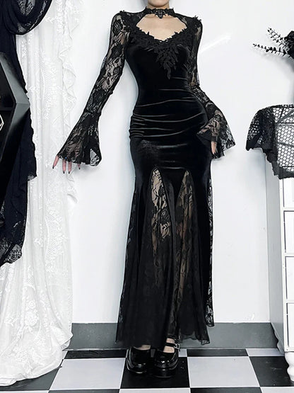 Gothic Long Cocktail Sleeve Lace Fishtail Bodycon Mermaid Maxi Ruched Dress