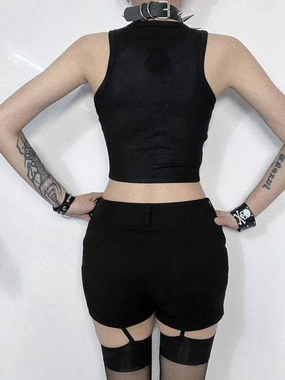 Gothic Print Crop Retro Rivet Graphic Top