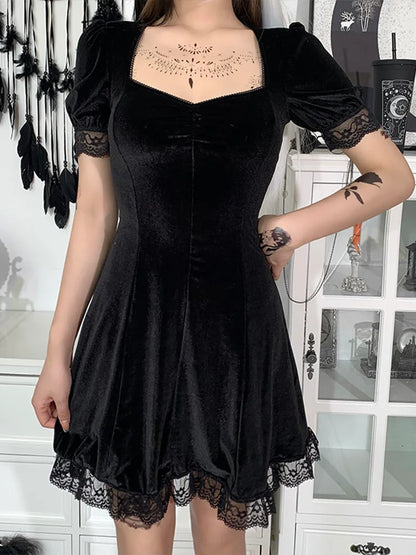 Gothic High Party Lolita Harajuku Vintage Women Waist Backless Mini Aesthetic Y2K Sexy Black Punk Dress
