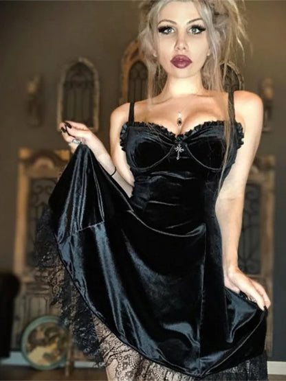 Gothic High Party Lolita Harajuku Vintage Women Waist Backless Mini Aesthetic Y2K Sexy Black Punk Dress