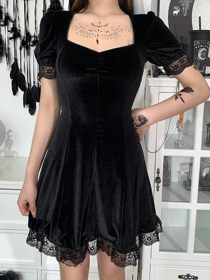 Gothic High Party Lolita Harajuku Vintage Women Waist Backless Mini Aesthetic Y2K Sexy Black Punk Dress
