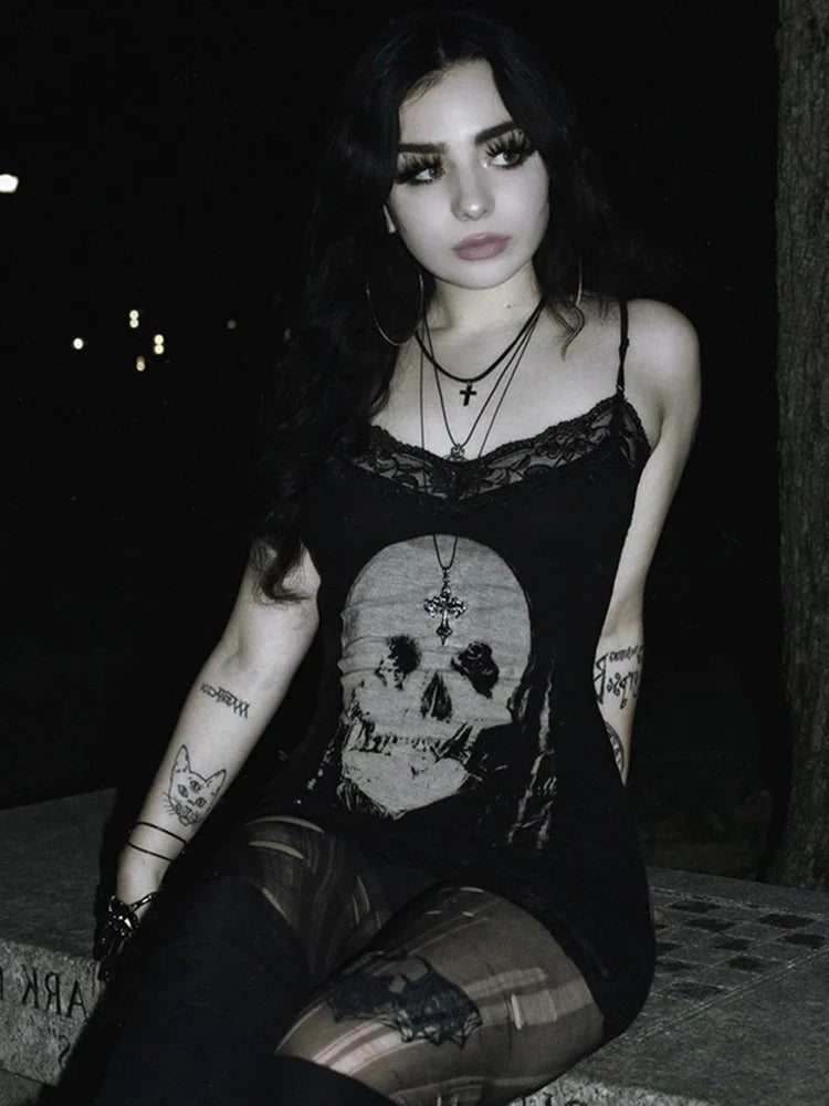 Skull Print Club Party Cami Mini Harajuku Emo Grunge Punk Backless Lace Trim Outfit