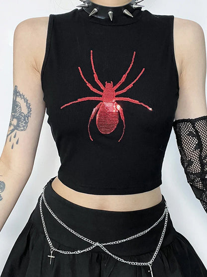 Gothic Spider Graphic Sleeveless Punk Alt Crop Top