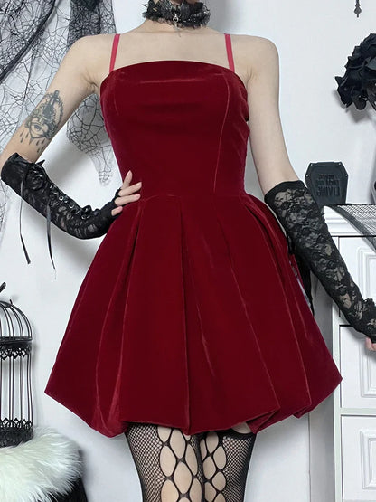 Velvet Solid Shirring High Waist Spaghetti Straps A-Line Party Mini Elegant New Year Outfit